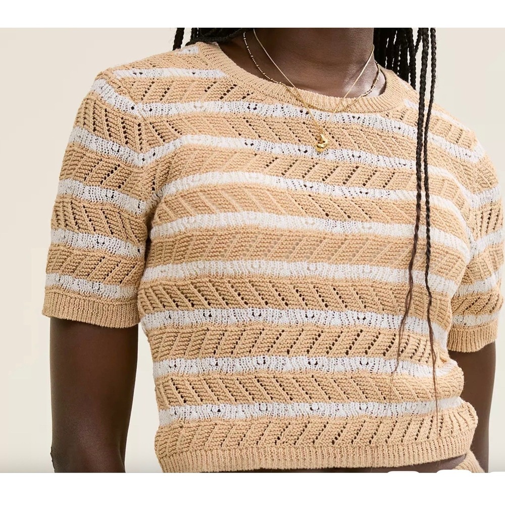 Aerie Womens Tan White Striped Pointelle Chevron Short Sleeve Knit Top Small